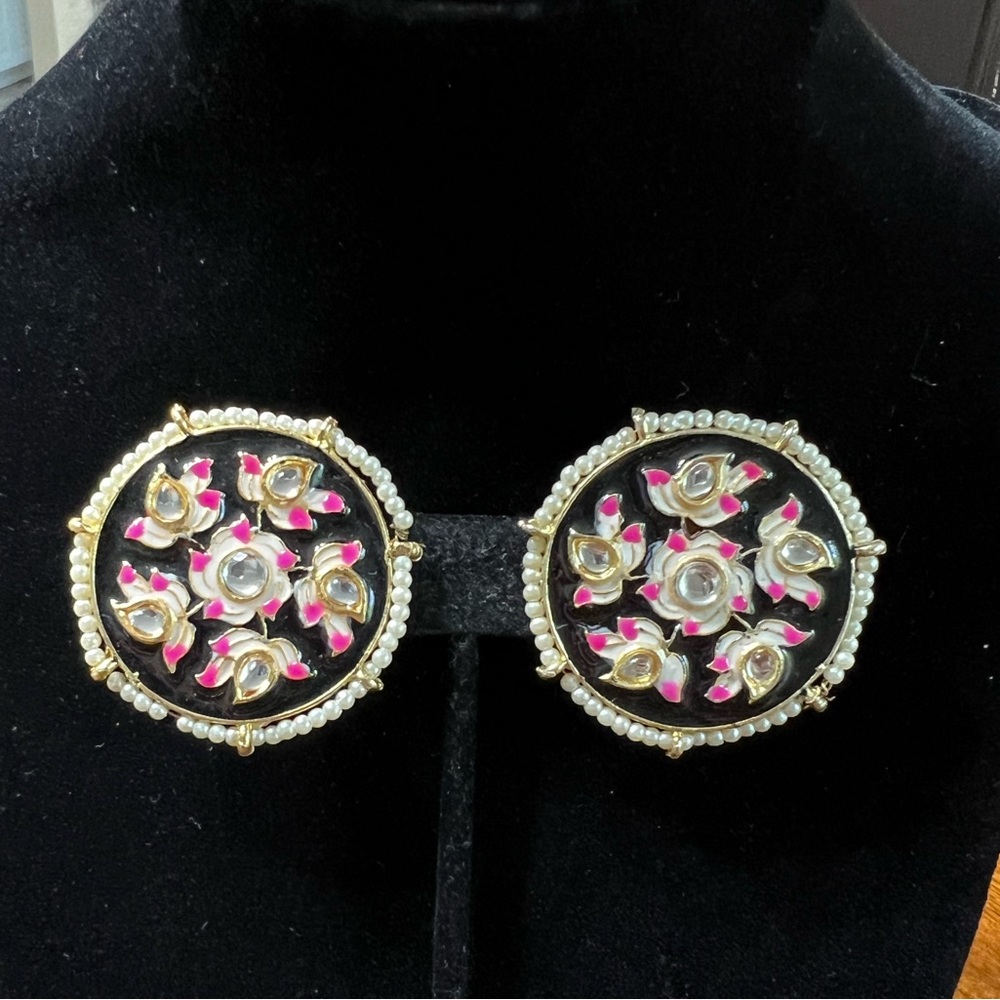 🆕 Gold Plated Round Kundan Pearl Meena Work Handcraft Black/pink Stud Earring